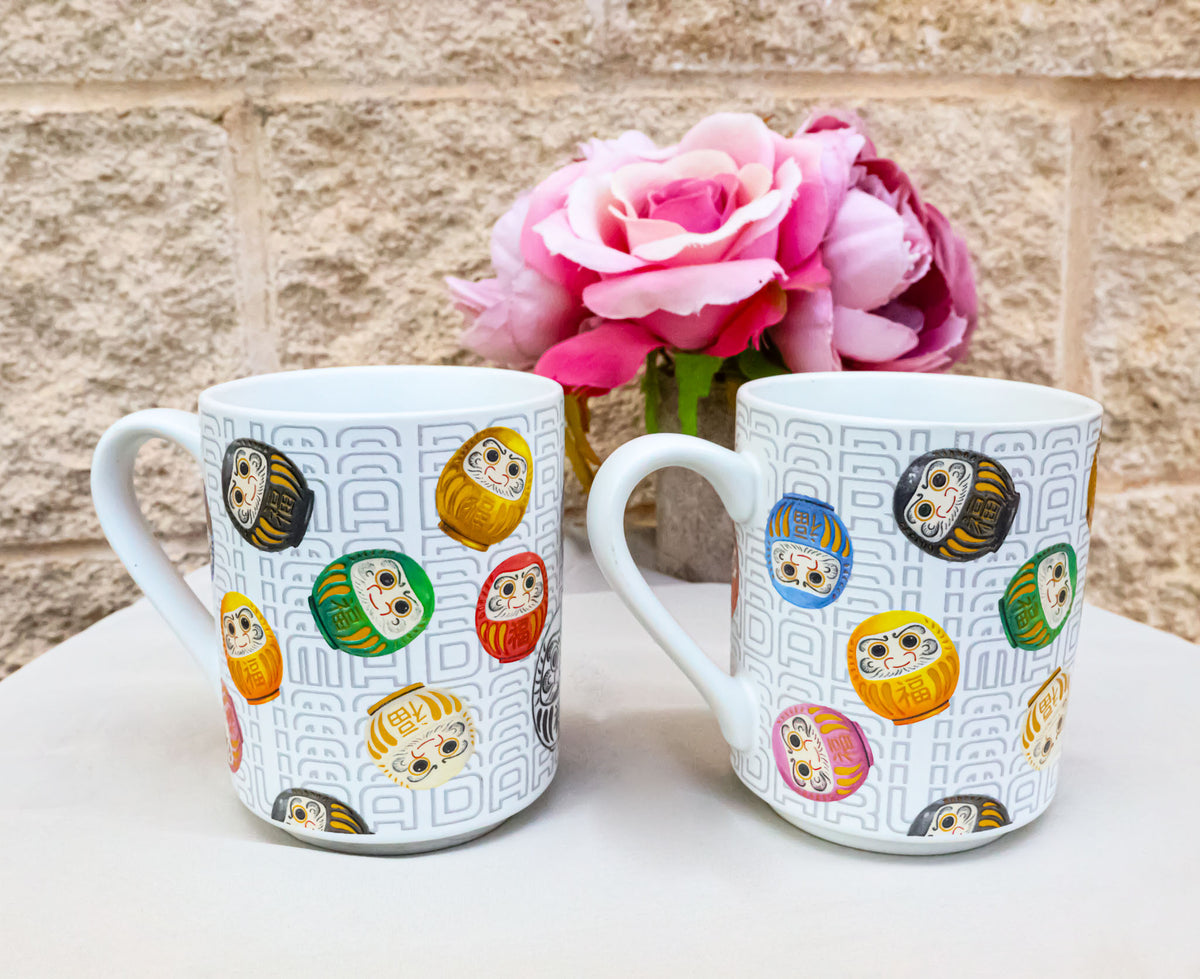 Set Of 2 Daruma Talisman Of Luck And Perseverance Textured Ceramic Mug Cups 11oz