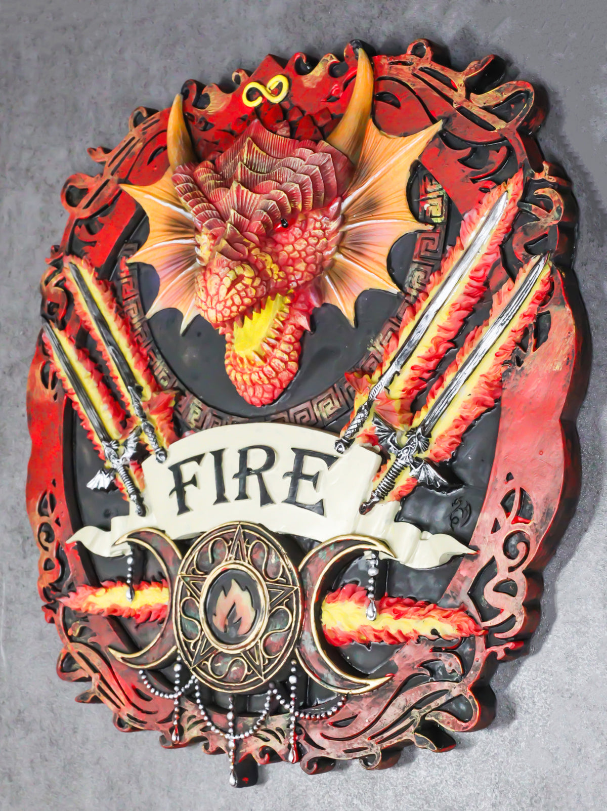 Elemental Fire Nation Dragon With Flaming Swords Triple Moon Symbol Wall Decor