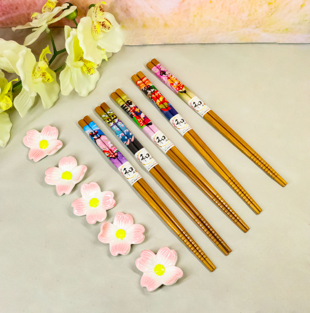 5 Pairs Of Pink Cherry Blossoms Sakura Ceramic Rests With Wooden Chopsticks Set