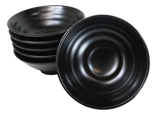 Pack Of 6 Modern Ridged Matte Black Melamine Large Round Ramen Soup Bowls 48oz - Ebros Gift