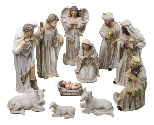 Christmas Nativity Mary Joseph Jesus Wise Men Angel 11pc Figurines Off White 12"