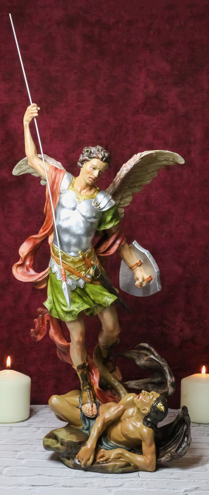 Archangel Saint Michael With Spear And Shield Trampling The Devil Statue 20"H