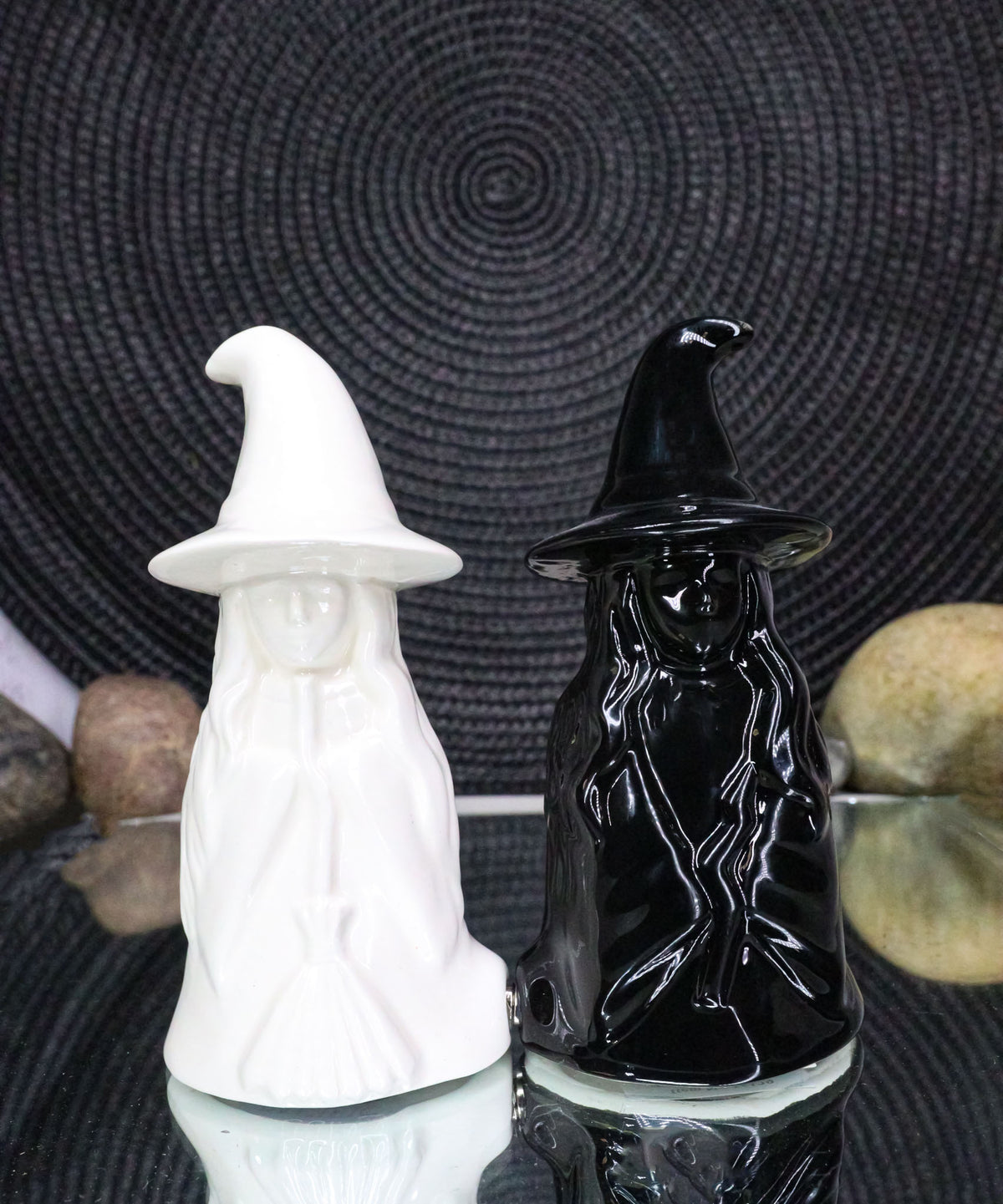 Wiccan Magic Hocus Pocus Black And White Witches Ceramic Salt Pepper Shakers Set