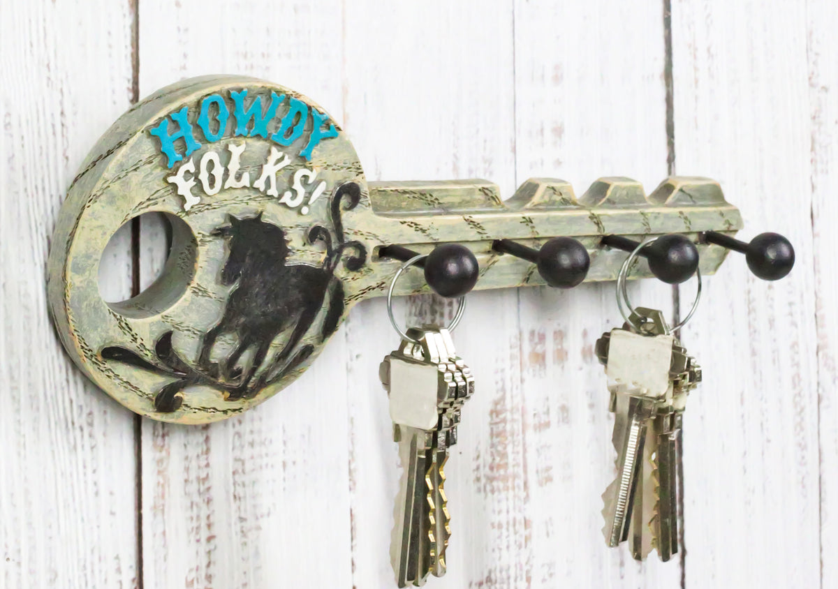 Rustic Western Howdy Folks Horse Key Shaped 4 Peg Quadruple Wall Hook Plaque