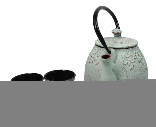 Mint Green Leaves Floral Motif Tetsubin 27oz Cast Iron Tea Pot With 4 Cups Set