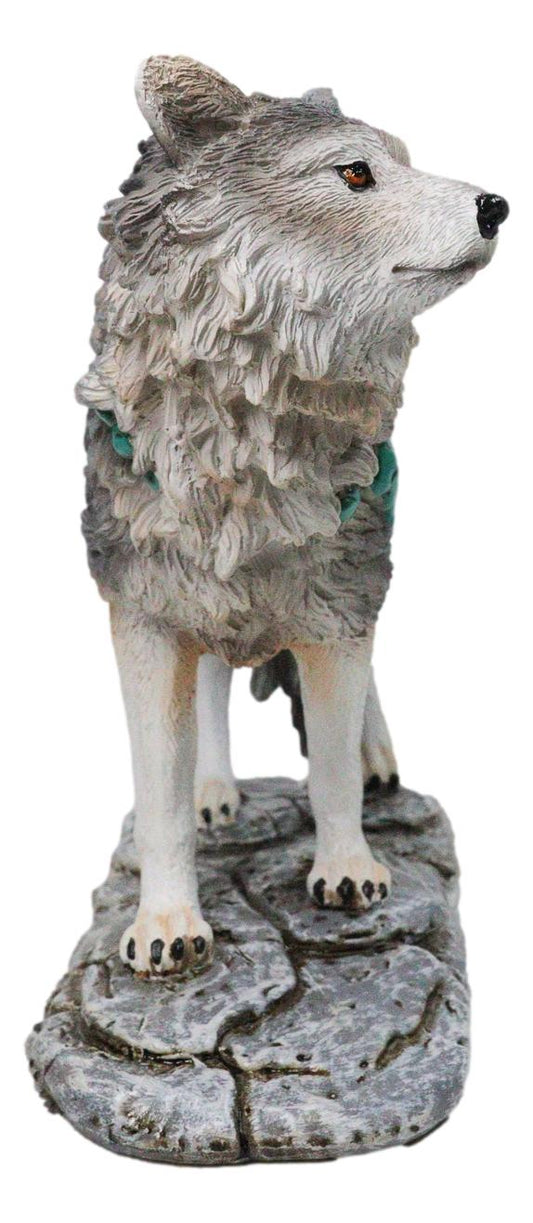 Gray Wolf with Turquoise Rocks Ornaments On The Prowl On Rocky Ground Figurine