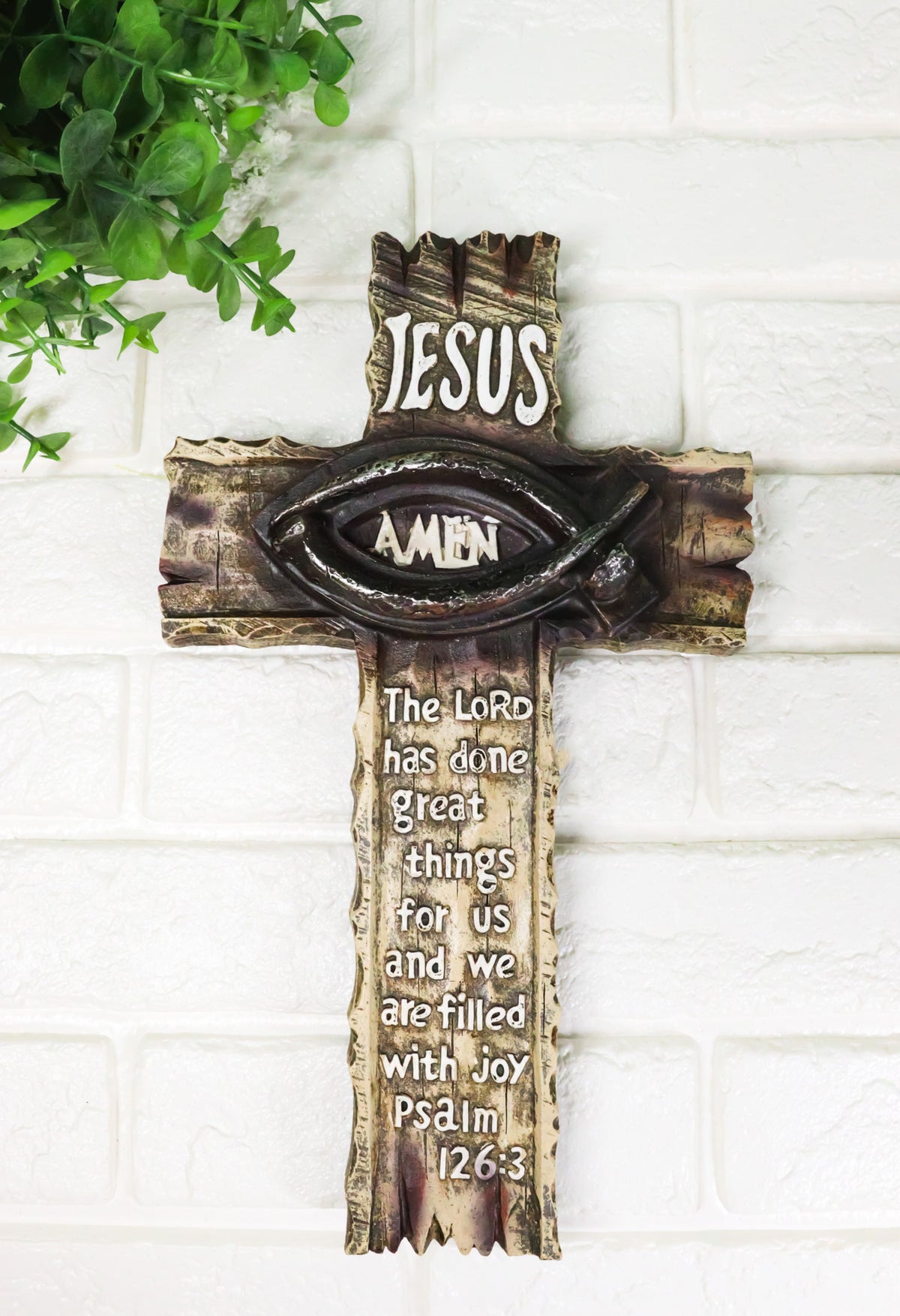 Ichthys Fish Spike Nails Jesus with Scriptural Psalm 126 Faux Wood Wall Cross