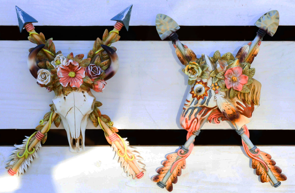 Set of 2 Western Floral Blooms Cow Skull & Horse With Crossed Arrows Wall Decor