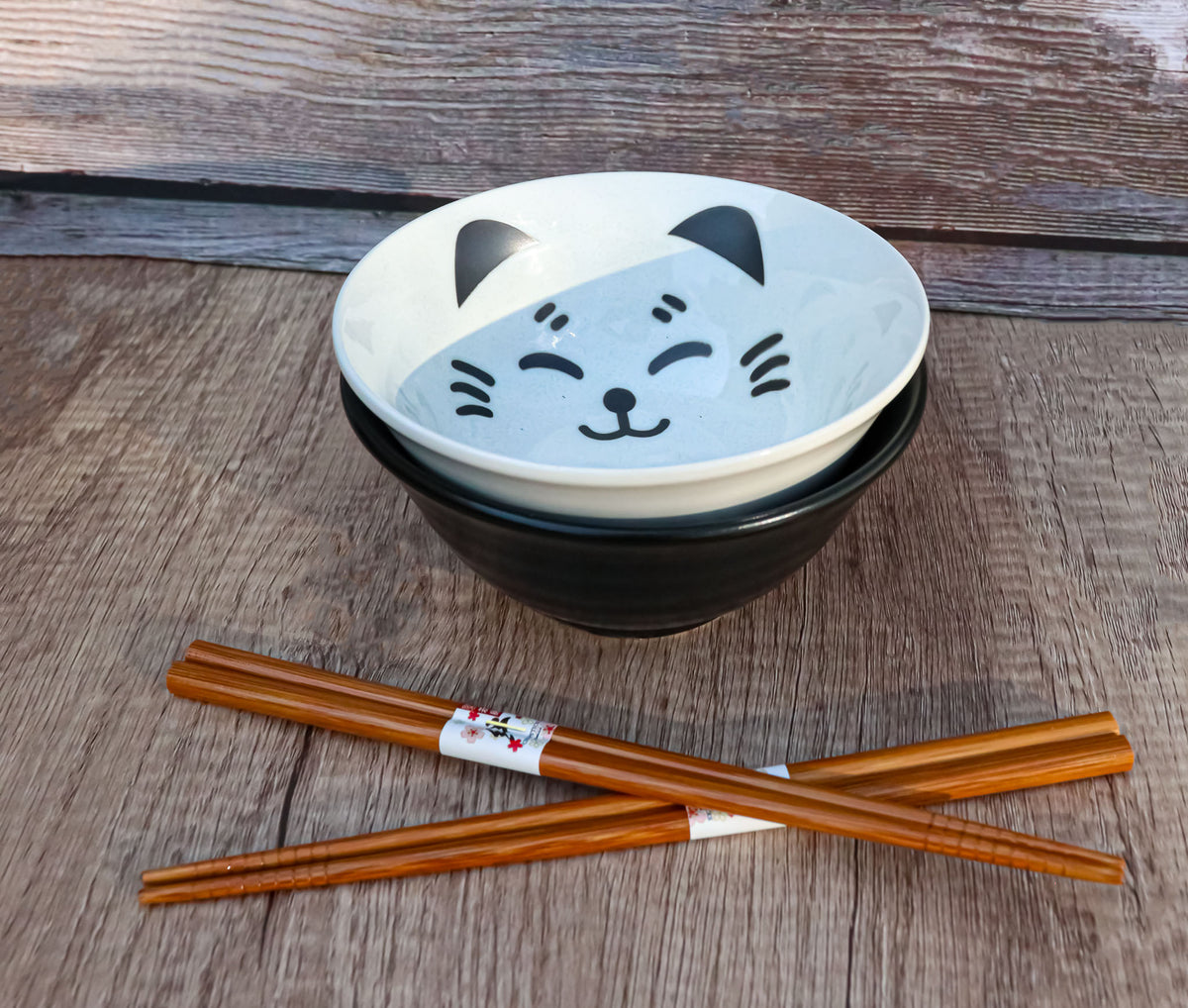 Ebros Made In Japan Black And White Lucky Meow Cats Bowl Set of 2 With Chopstick