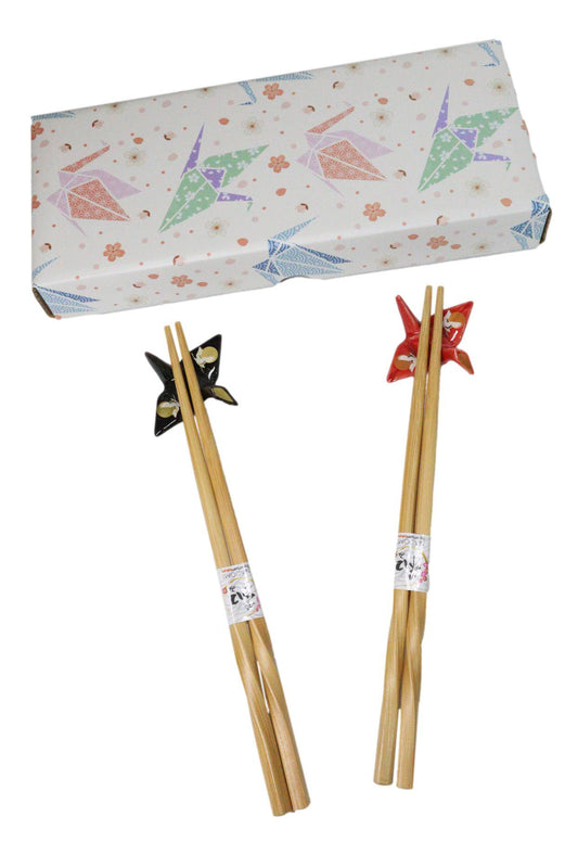 Red And Black Full Moon Cranes Set of 2 Chopsticks And Ceramic Rests Set