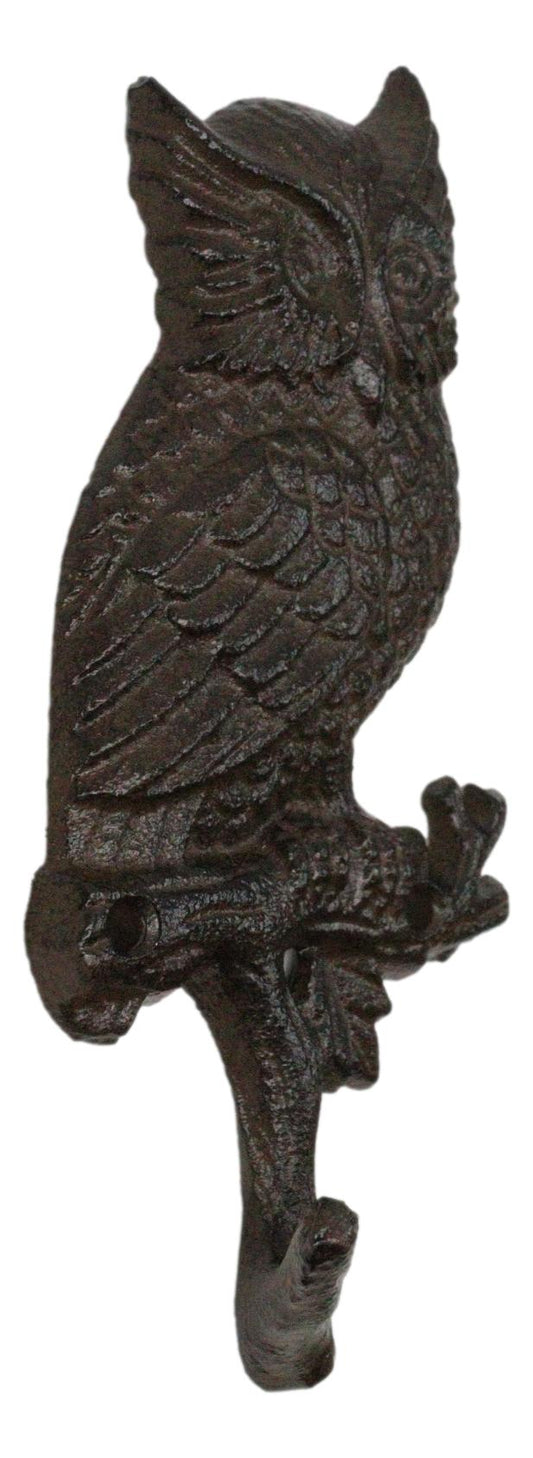 Pack of 2 Cast Iron Rustic Great Horned Owl On Twig Wall Coat Keys Leashes Hooks