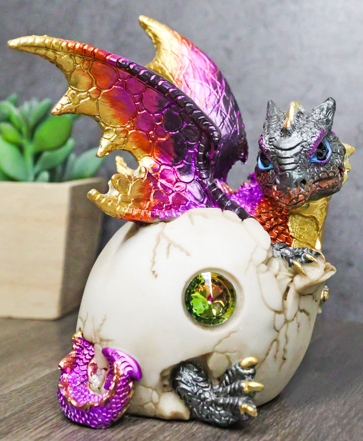 Iridescent Purple And Gold Baby Dragon In Egg Shell With Gemstone Figurine