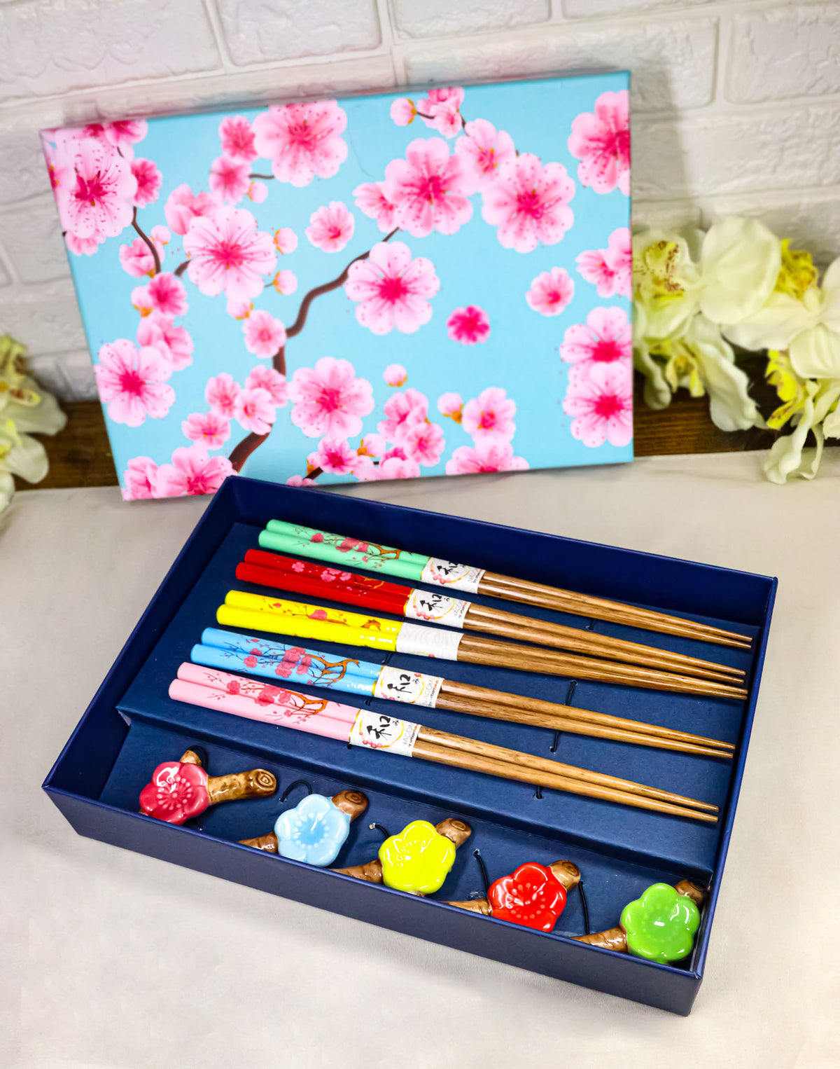 5 Pairs Of Ume Plum Blossoms On Branch Ceramic Rests With Wooden Chopsticks Set