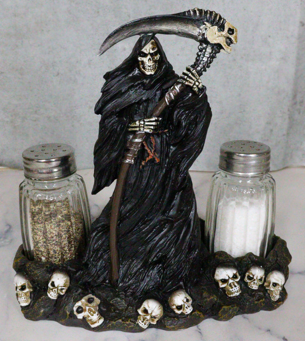 Grim Reaper Standing On Skull Graveyard Salt & Pepper Shakers Holder Set