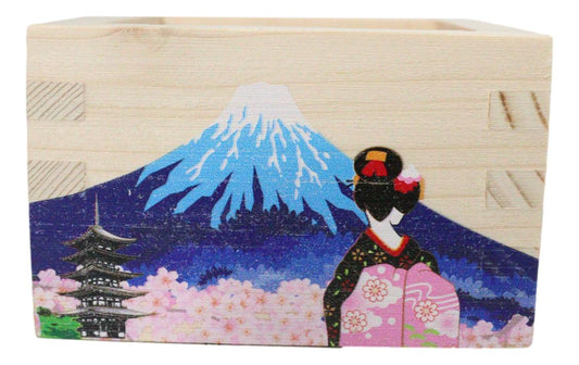 Set Of 3 Pink Sakura Mount Fuji Fujiyama Traditional Masu Square Box Sake Cups