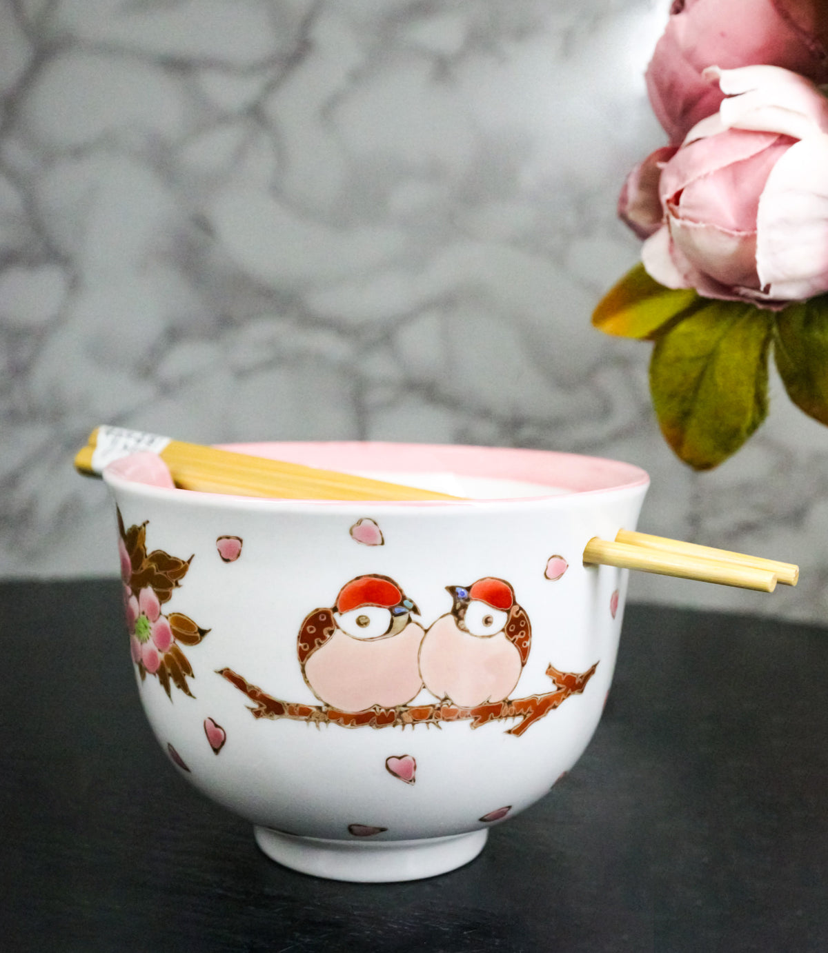 Twin Sparrows Cherry Blossom Ceramic Donburi Ramen Bowl With Chopsticks Set