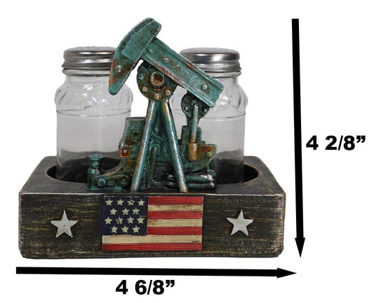 Rustic Vintage Oil Derrick Rig Pump Glass Salt And Pepper Shakers Holder Decor - Ebros Gift