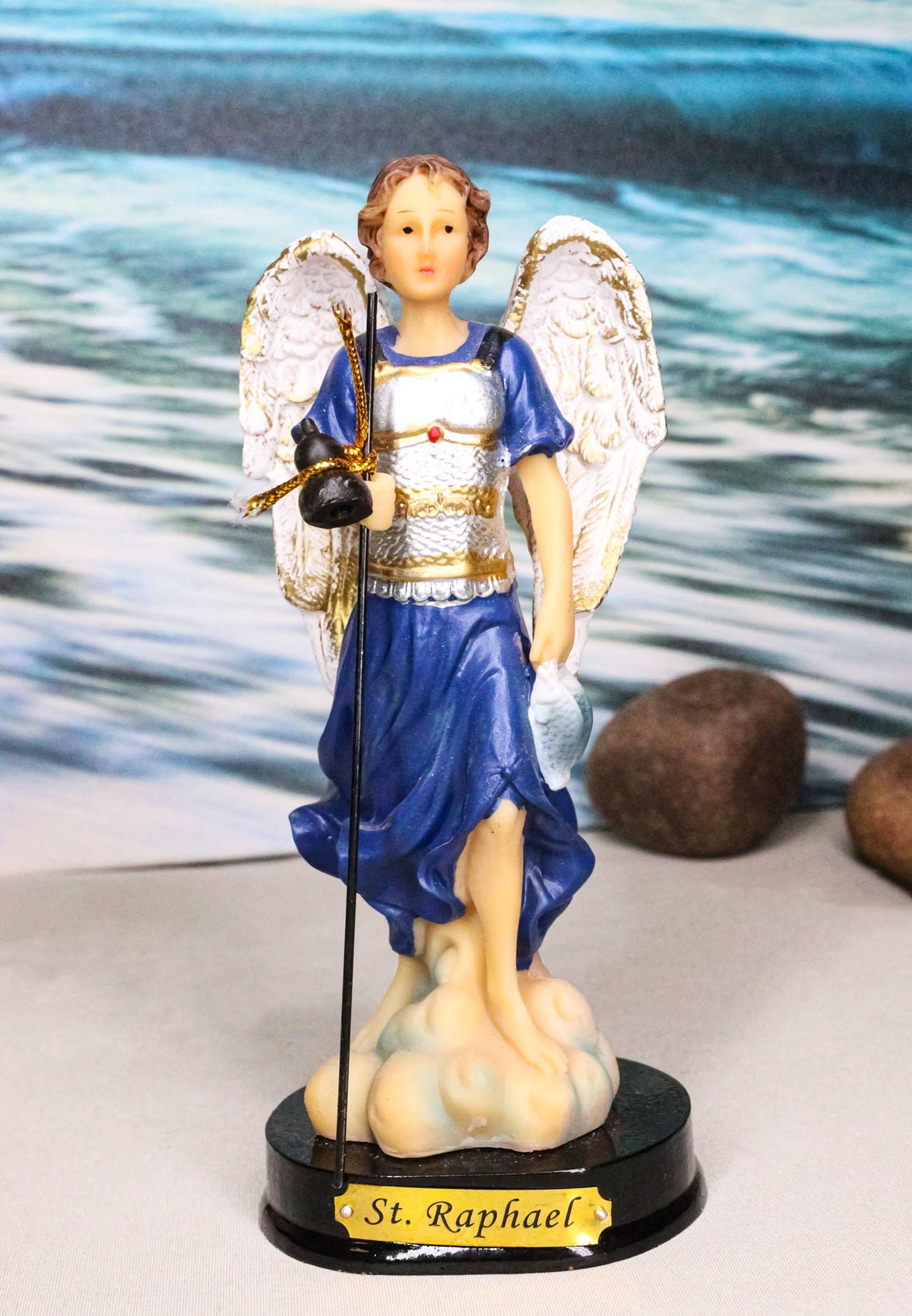Catholic Church Saint Archangel Raphael With Staff & Healing Oil Figurine 5.5"H