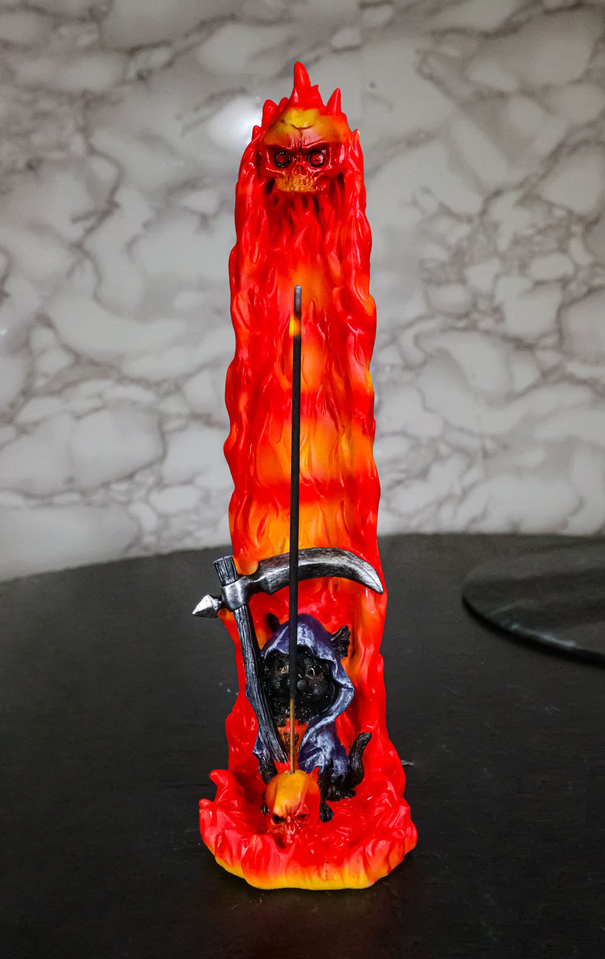 Gothic Grim Reaper Incense Stick Holder Burner Flaming Skull Pillar Ash Catcher