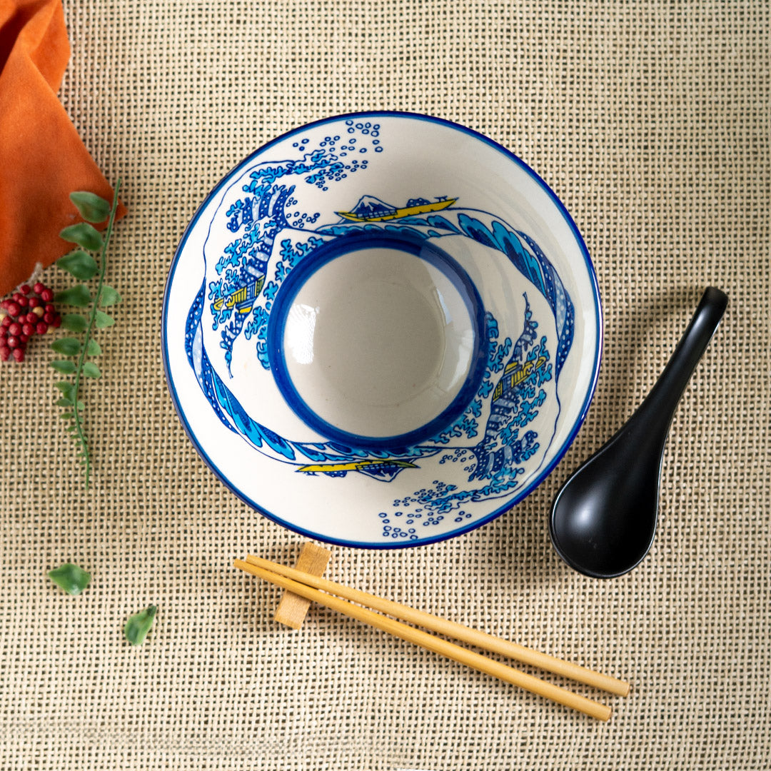 Great Wave Of Kanagawa Ceramic Ramen Bowl Soup Spoon Chopsticks And Rest Set