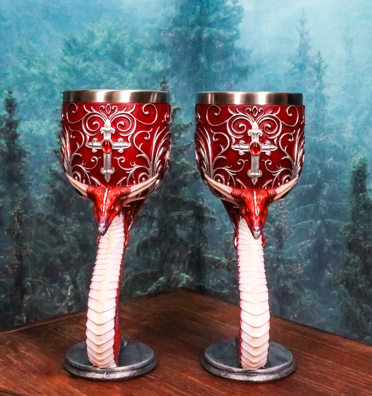 Set Of 2 Fantasy Maroon Dragons Devotion Love Hex Heart Baroque Wine Goblets