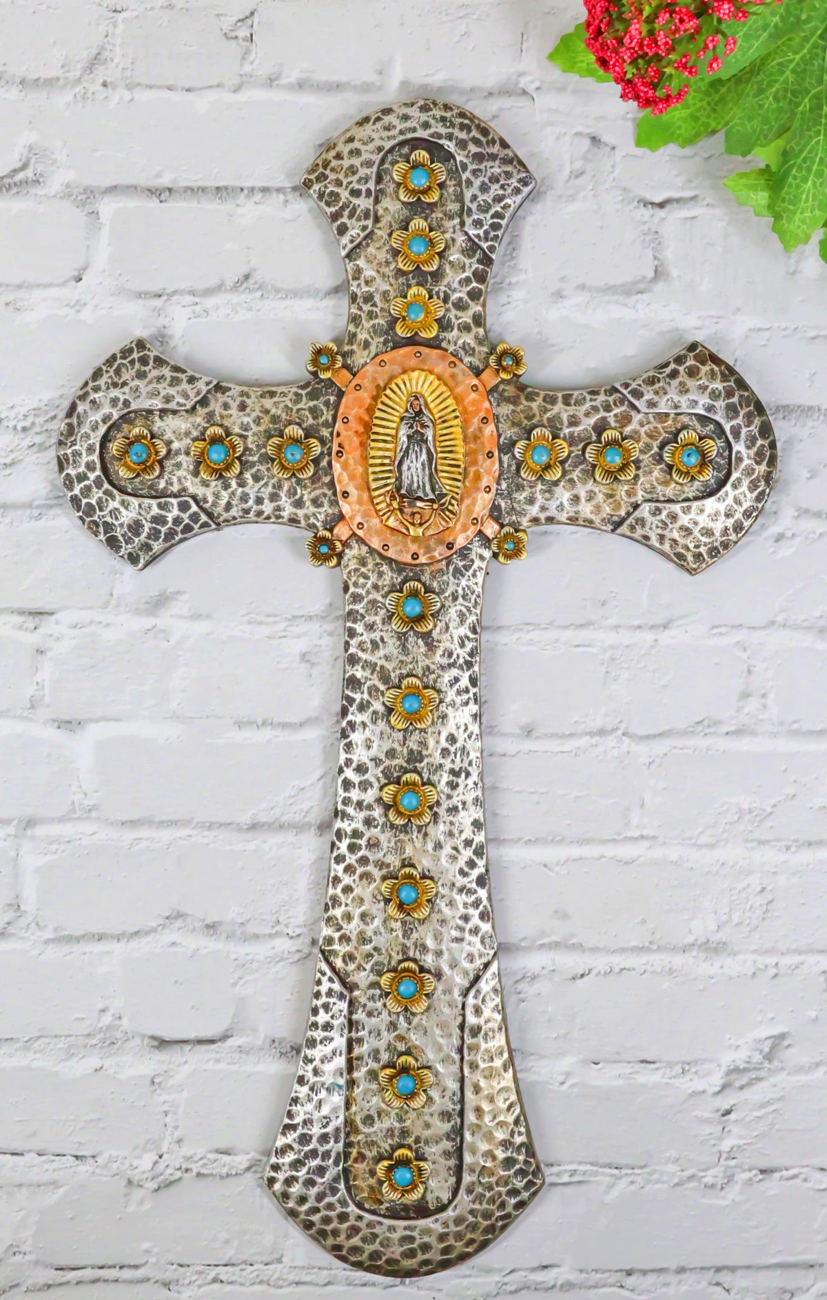 Catholic Lady Of Guadalupe Mary With Turquoise Gems Hammered Pattern Wall Cross