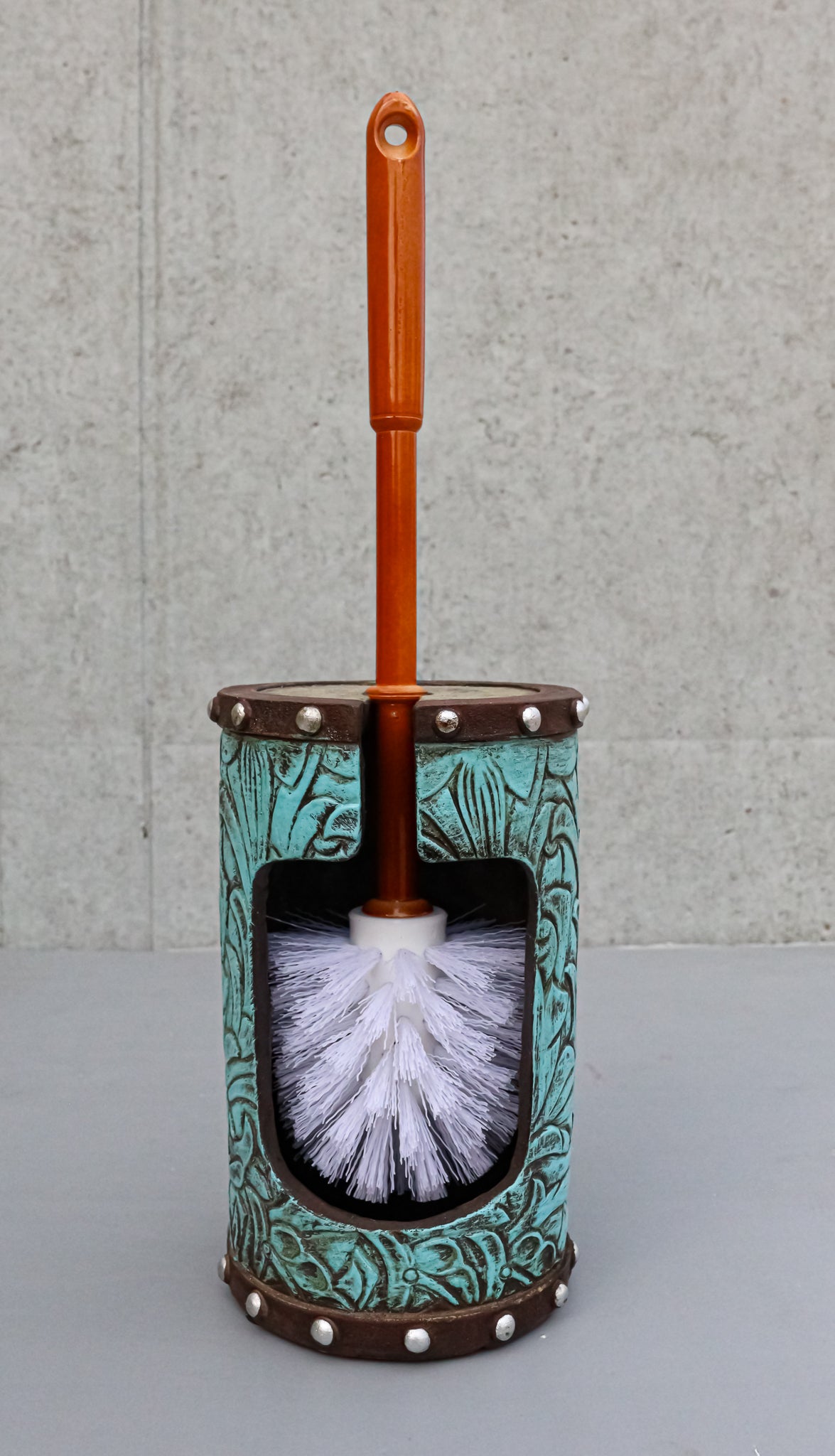 Rustic Vintage Western Turquoise Faux Leather Floral Toilet Brush and Holder Set