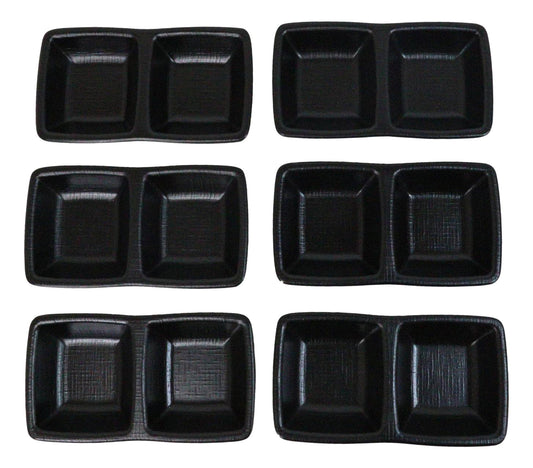 Pack Of 6 Black Silk Melamine 2 Partition Condiment Sauce Dipping Bowl or Dishes