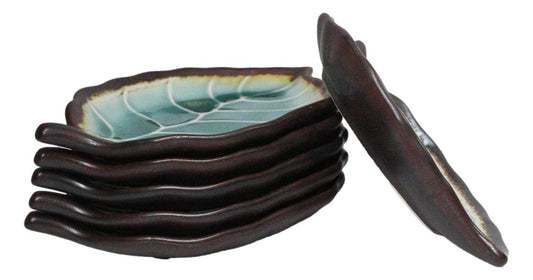 Pack Of 6 Green Crackle Midori Kannyu Ceramic Leaf Shaped Appetizer Salad Plates