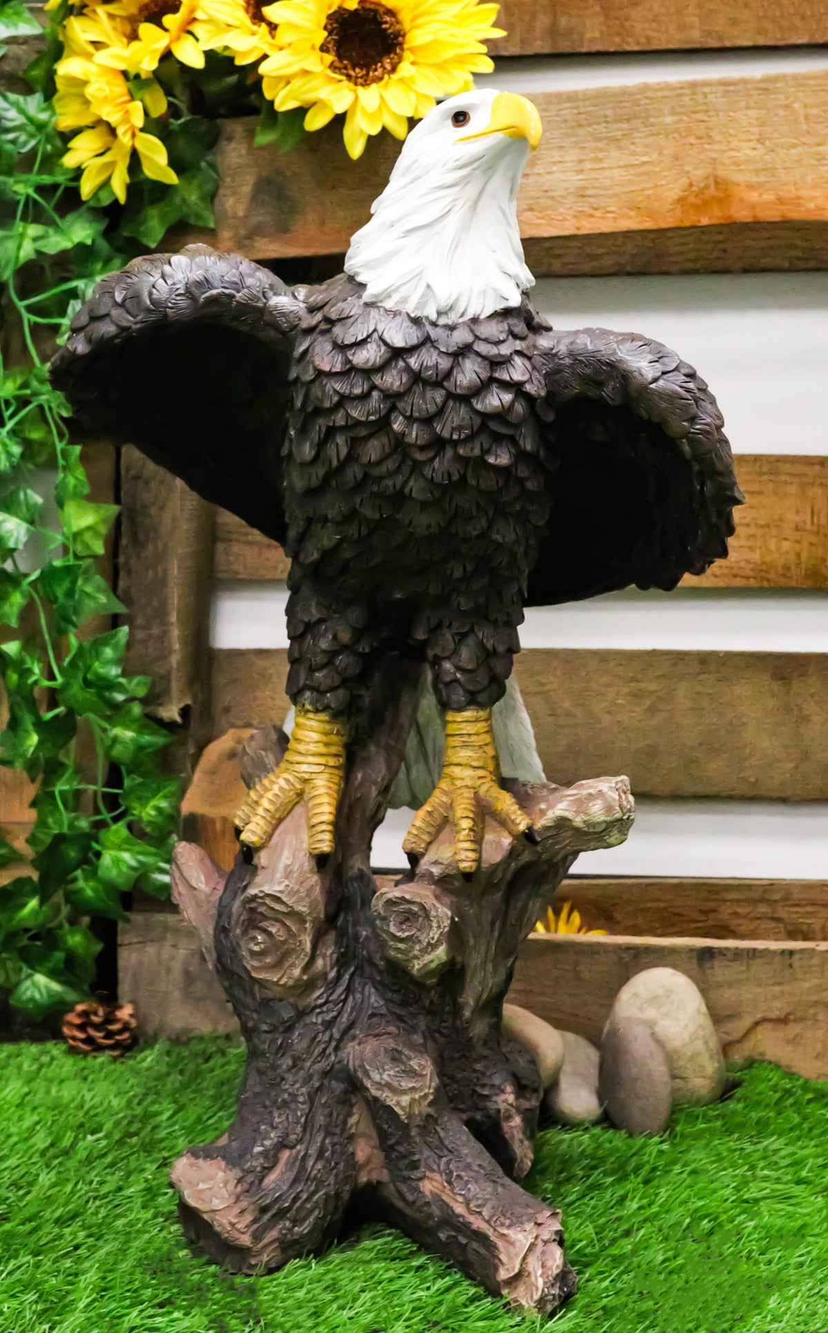 Large 21"H American Pride Bald Eagle Perching On Tree Stump Statue Patriotic Art