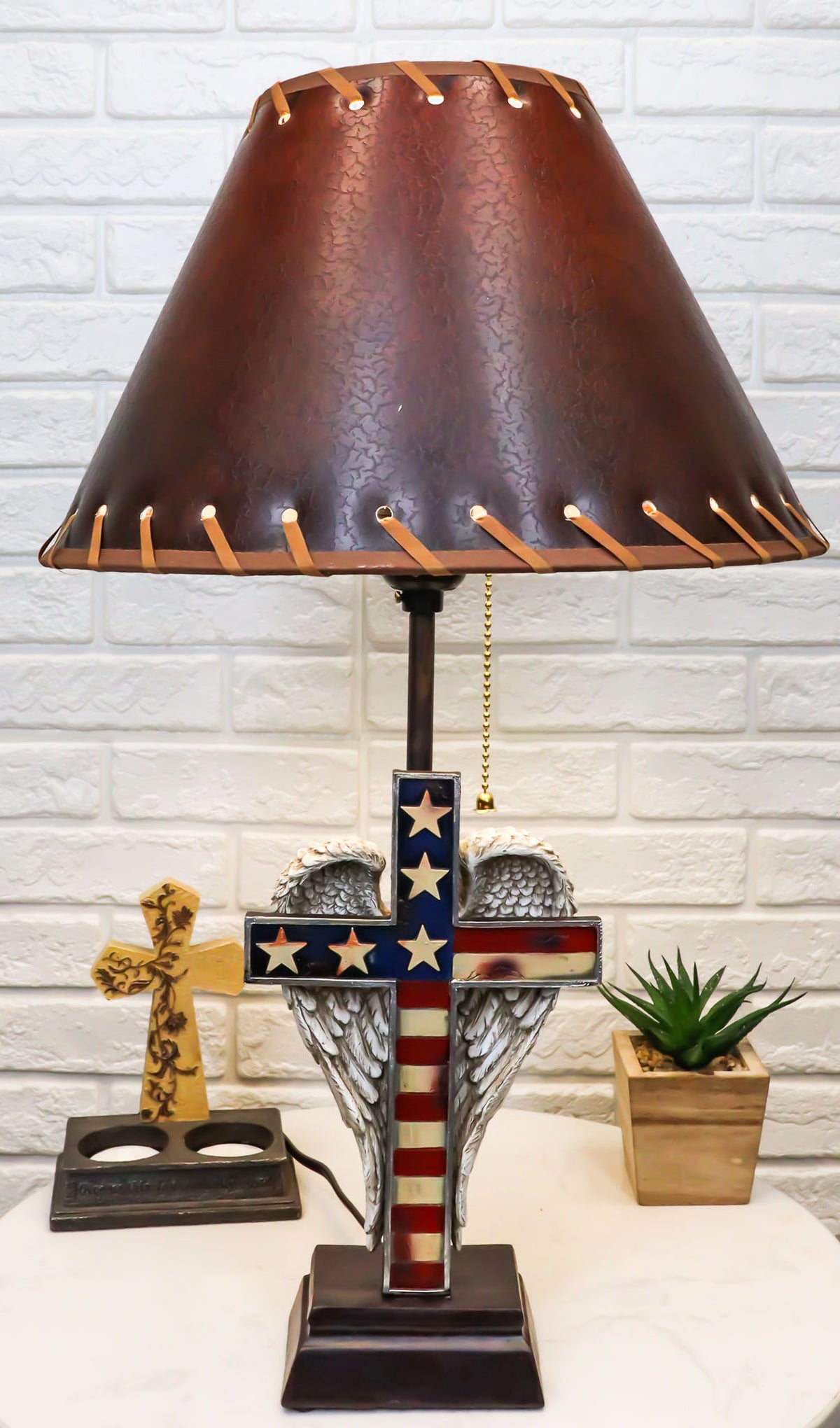 Country Rustic Western Old Faithful American Flag Silver Angel Wings Table Lamp - Ebros Gift