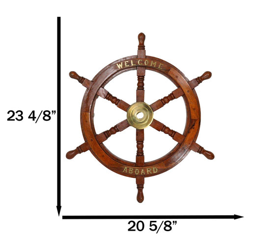 Nautical Marine Vintage Wood Brass Ship Steering Helm Boat Wheel Wall Decor 23"D