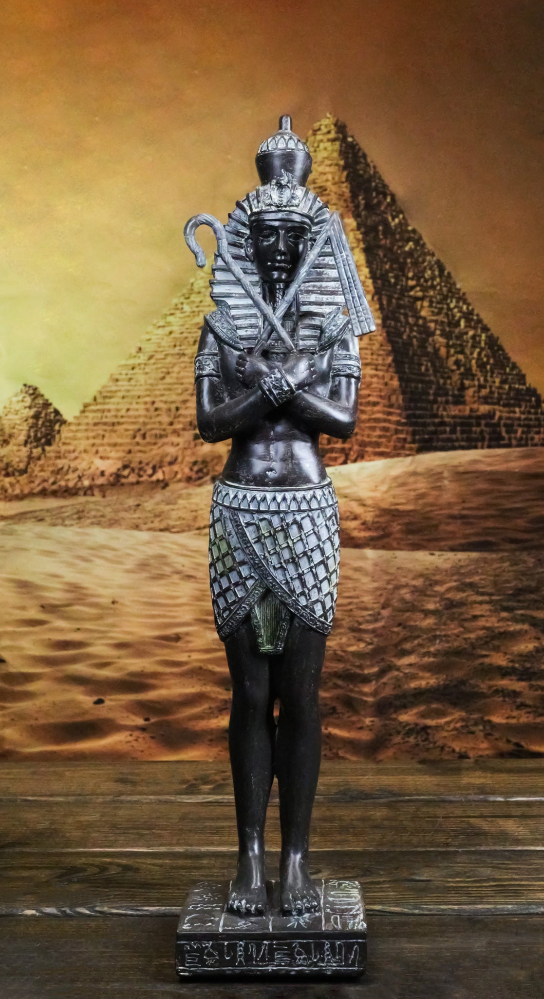 Egyptian Warrior King Pharaoh With Nemes Crook And Flail Standing On Base Statue