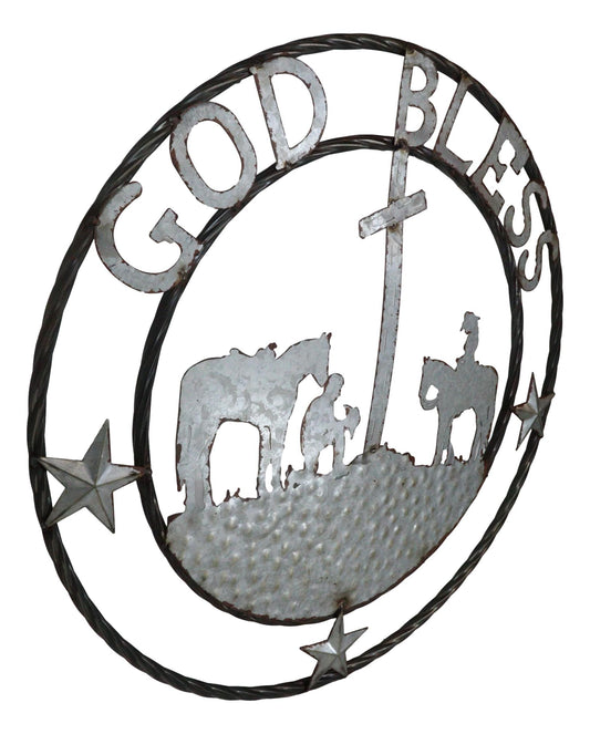Large 24" Rustic Western Praying Cowboy Cowgirl God Bless Metal Wall Circle Sign