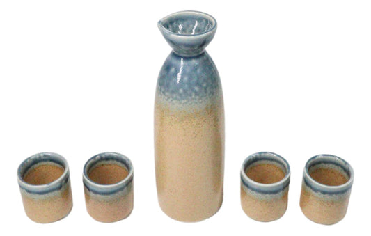 Blue Brown River Ao Nagashi Porcelain Sake Carafe Flask 9oz & 4 Ochoko Cups Set