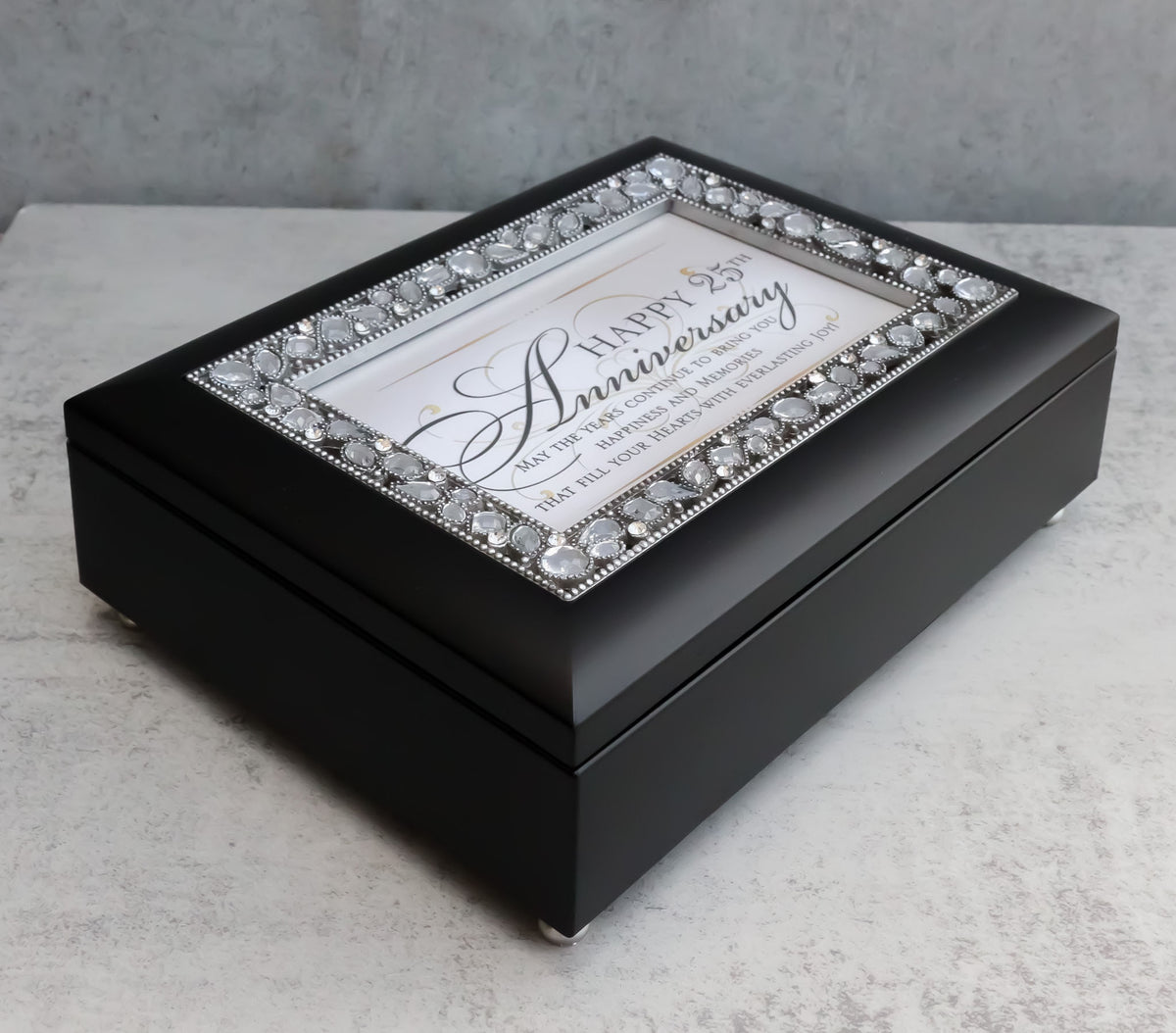 Happy 25th Anniversary Burlwood With Crystals & Silver Motif Musical Trinket Box