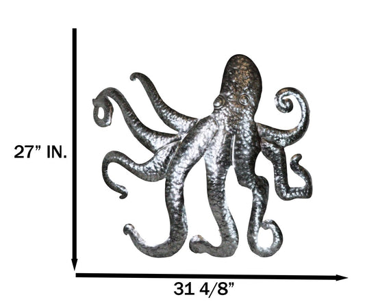 Silver Nautical Marine Deep Sea Octopus Tentacles Metal Wall Decor Plaque 31"L - Ebros Gift