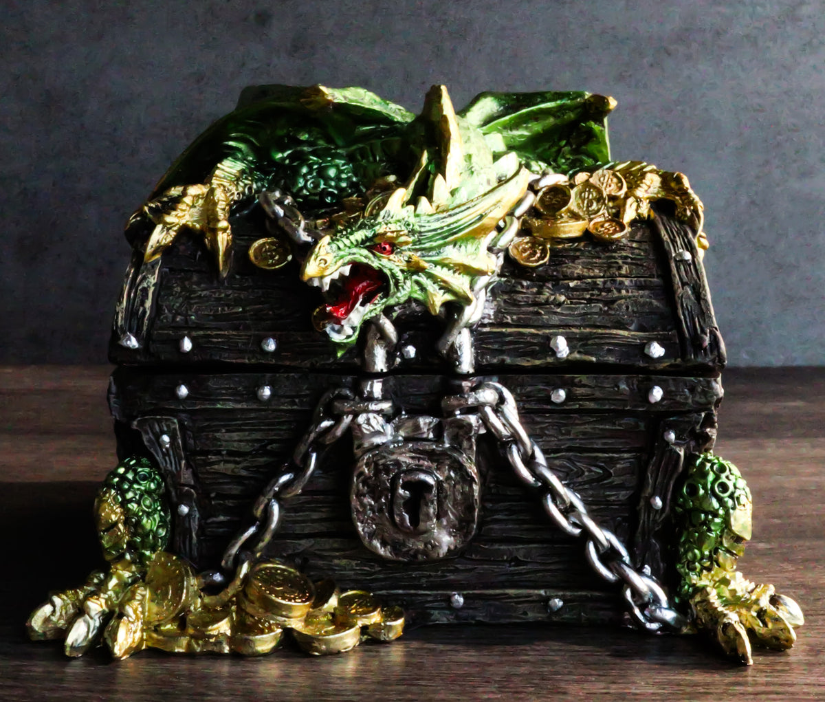 Gold Green Treasure Dragon Guarding Pirate Chest Decorative Jewelry Trinket Box - Ebros Gift