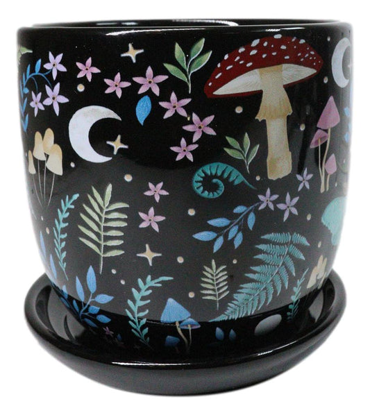 Wicca Witchcraft Magic Dark Forest Mushroom Ceramic Planter Pot With Saucer Set