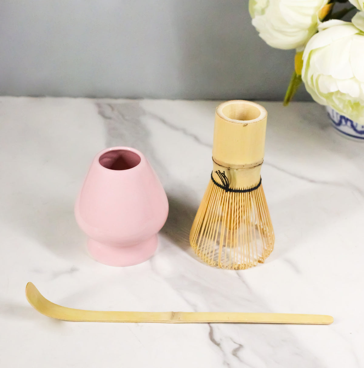 Ebros Pink 3 Piece Matcha Whisk Bamboo Chasen Scoop And Ceramic Stand Set