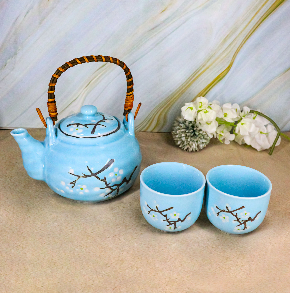 Blue Japanese Sakura Cherry Blossom Ceramic Tea Pot And 2 Cups Set Bamboo Handle