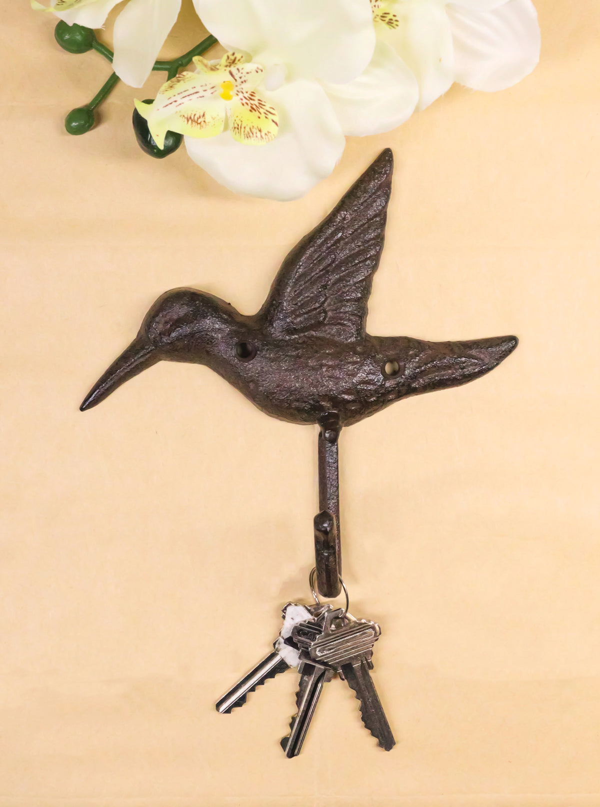 Set Of 4 Rustic Whimsical Cast Iron Hummingbird Wall Coat Towel Keys Hook Decor