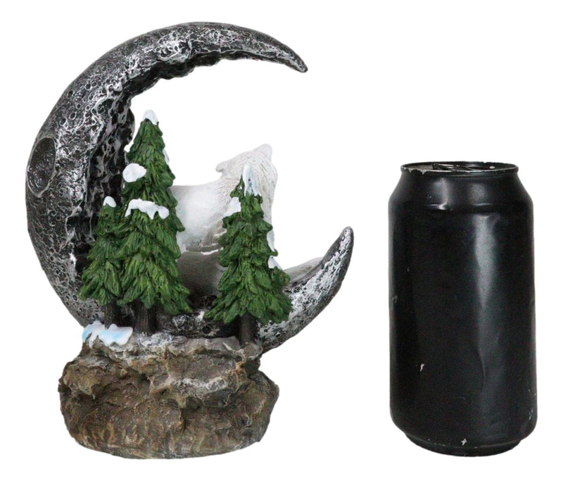 Winter White Wolf Couple In Snow Pine Trees Scene With LED Crescent Moon Statue