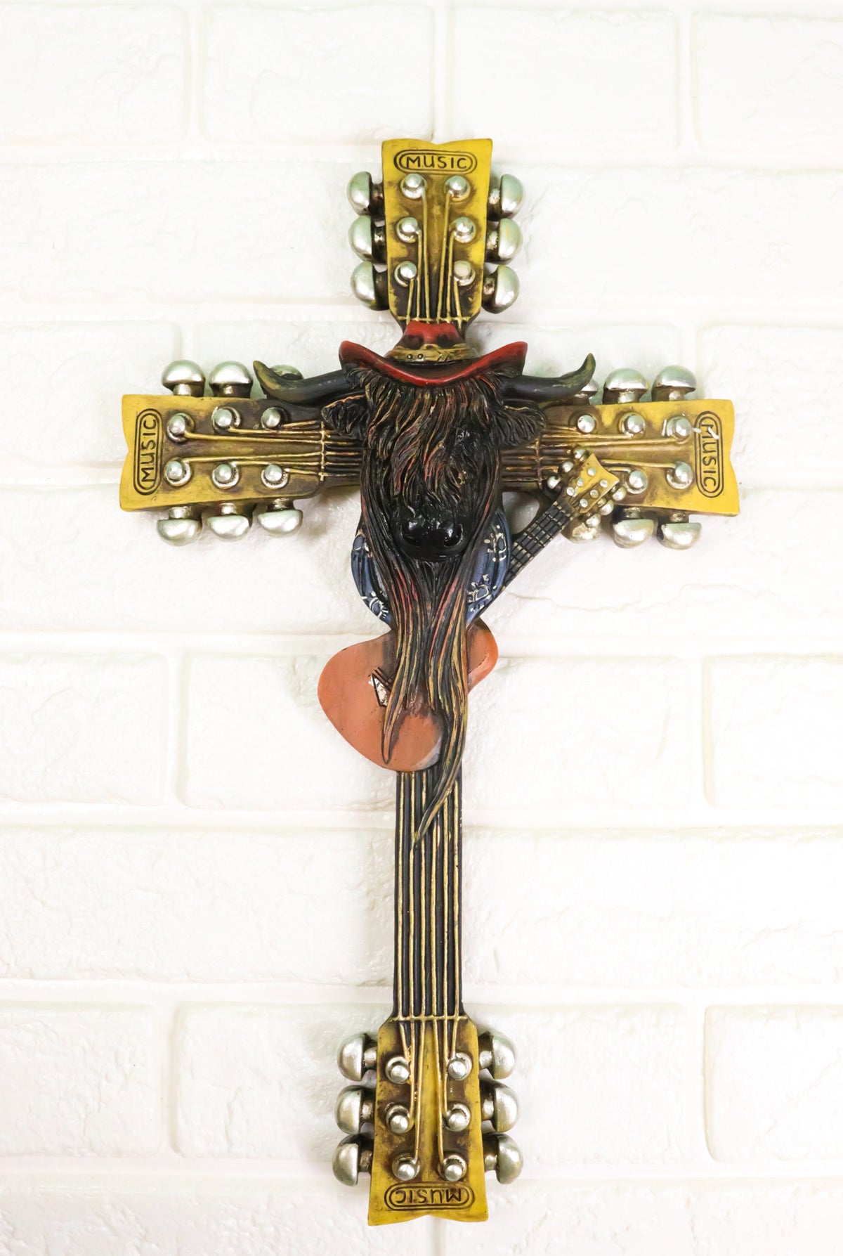 Western Rock And Roll Music Guitars With Cowboy Highland Cow Wall Cross Plaque