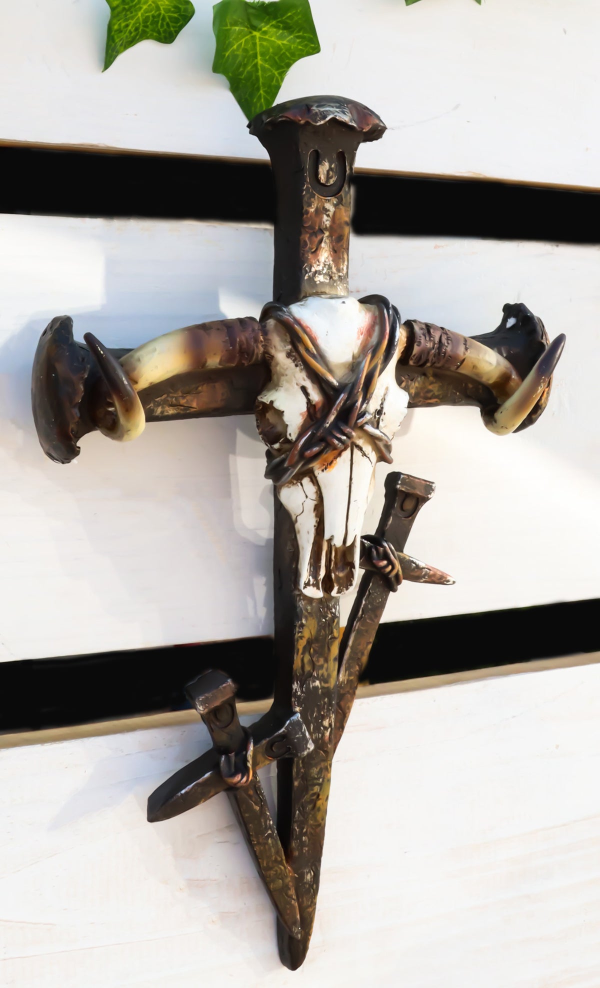 Rustic Western Barbed Wires Cow Skull With 3 Spike Nails Crosses Wall Cross