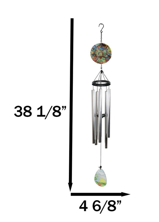 Mystical Great Horned Owl Colorful Art Glass Hanging Wind Chime With Metal Rods