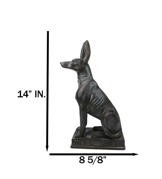 Ancient Egyptian Sitting Anubis in Jackal Dog Statue With Hieroglyphs Base 14"H