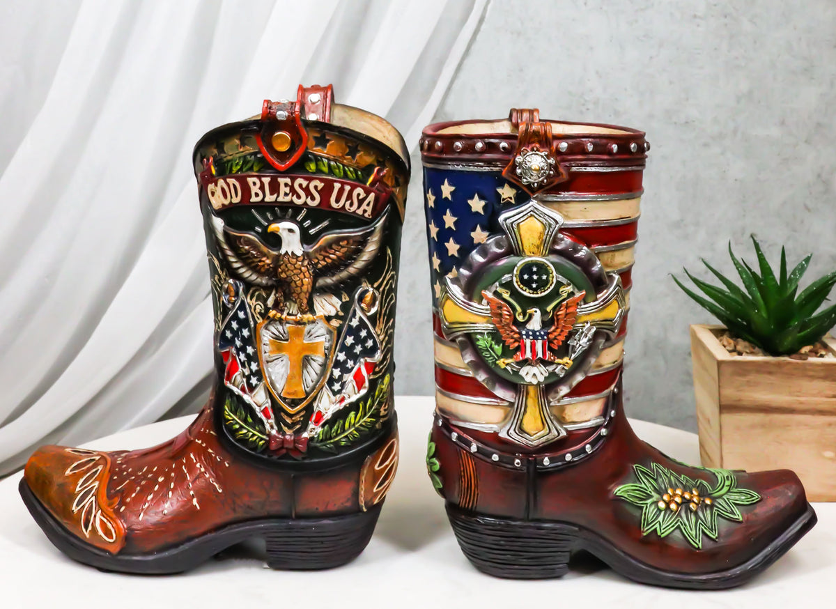 Set Of 2 Rustic Western Patriotic USA Flag Military Cowboy Boot Money Banks