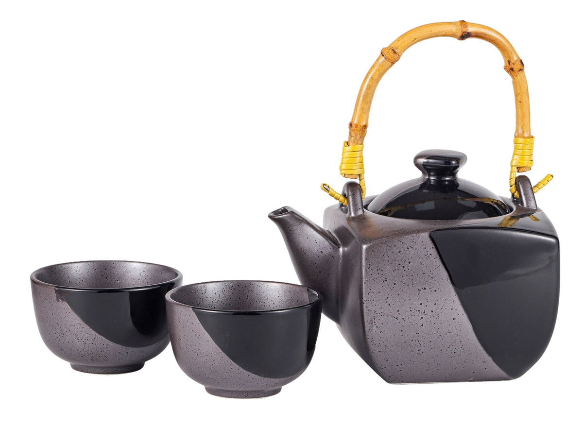 Celestial Black And Gray Matte Reactive Glaze 32oz Teapot With 2 Tea Cups Set