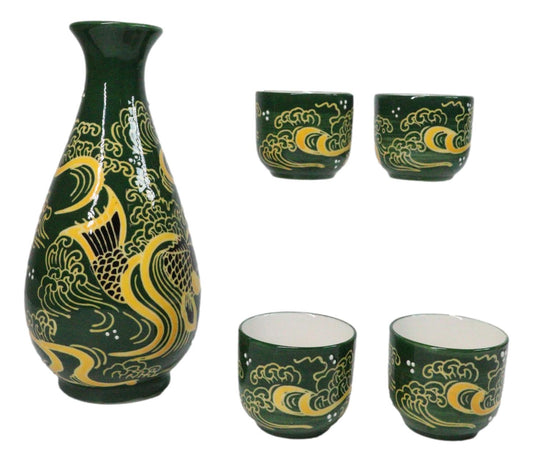 Green Golden Koi Fishes In Water Porcelain Sake Flask And 4 Ochoko Cups Set